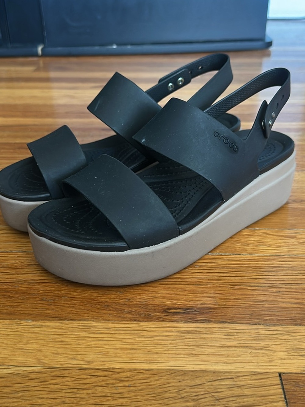 CROCS Women's Black Strap Platform Sandal with Taupe Sole